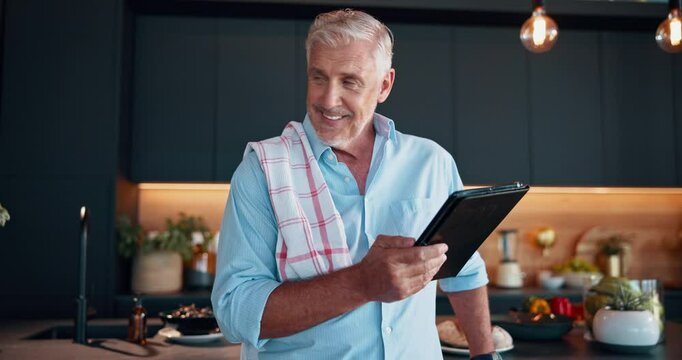 Senior man, thinking and tablet for cooking, food website and online tutorial for healthy meal guide. Elderly person, retirement and ideas for nutrition in kitchen, ingredients plan and instructions