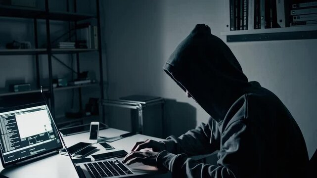 hacker in a hood working with laptop
