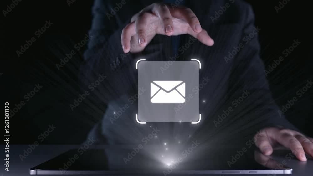 Poster business person checking email inbox, organizing and prioritizing messages for better productivity. 