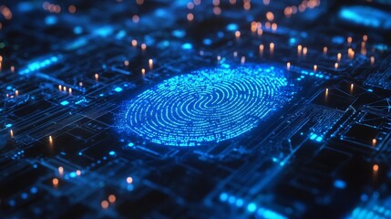 High-tech fingerprint scan with neon blue lights and a connected network, representing personal data security, authentication, and digital identity protection.