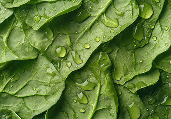 Fototapeta premium Close-up of fresh spinach leaves with water droplets, background, texture. Green salad leaf close-up.