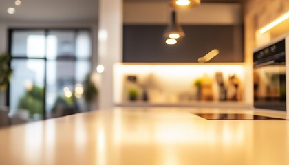 Contemporary kitchen design featuring sleek countertops and ambient lighting, creating a minimalist yet warm and inviting atmosphere.