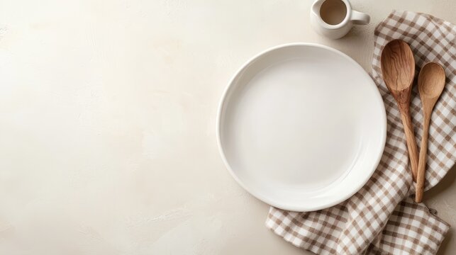 Empty white plate with wooden spoons on a checkered cloth, evoking a rustic kitchen or dining scene. - Powered by Adobe