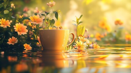 A serene yellow coffee cup surrounded by vibrant flowers, reflecting in calm waters, evoking a tranquil morning scene.