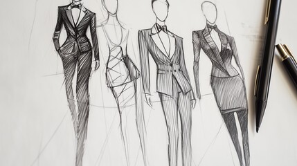 Hand-drawn fashion sketches showcasing elegant formal wear designs, featuring diverse suit styles, highlighting creativity in fashion illustration.