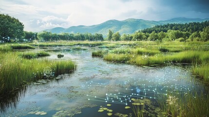 Obraz premium Tranquil Nature Scene with Lush Greenery and Calm Water Reflections