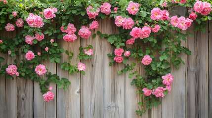 Vibrant Climbing Roses Cascading Over an Aged Wooden Fence