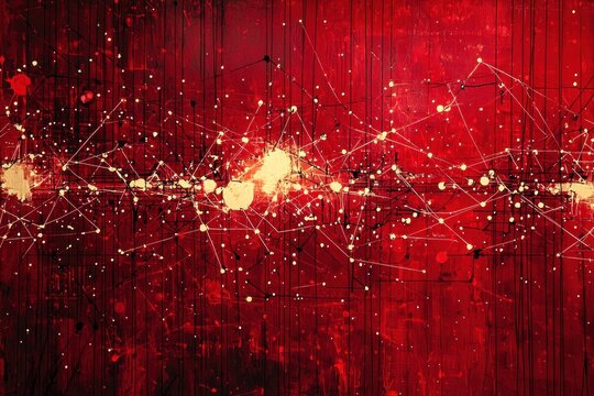 A bold, abstract red matrix design with dynamic elements suggesting movement and digital connections.