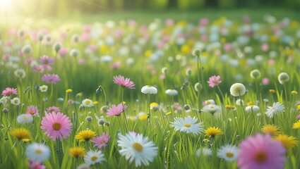Fototapeta premium High-Resolution Meadow Photograph with Sunlit Wildflowers in Bloom – Lush Grass, Soft Shadows, Golden Light, and Delicate Pink, White, and Yellow Petals in a Peaceful, Natural Landscape