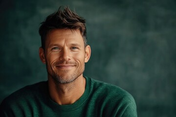 Fototapeta premium Caucasian male adult smiling in green sweater against dark background