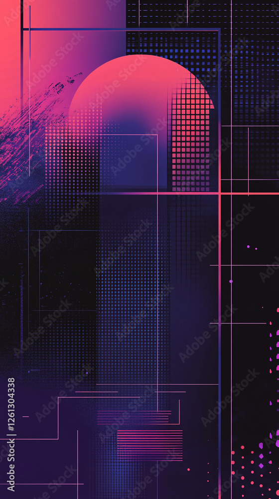 Poster abstract geometric design with vibrant purple, pink, and blue gradients, featuring grid patterns and