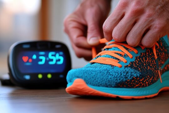 Man tying running shoe with heart rate monitor displaying time and heart rate