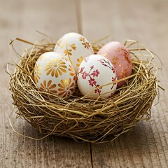 Obraz premium A delicate nest made of golden straw holds three beautifully decorated Easter eggs. The rustic wooden background and free space for text make it perfect for holiday banners and branding.