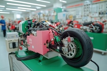 Engine components displayed in a workshop, showcasing intricate design, technology, and engineering, mechanical innovation concept