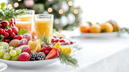 Festive fruit platter with juice, Christmas tree background