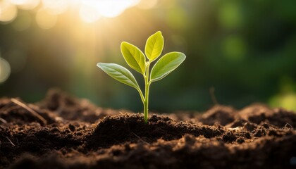 A delicate green seedling emerging from rich, dark soil, with soft sunlight highlighting its fresh leaves. A powerful symbol of new beginnings, sustainability, and environmental conservation.
