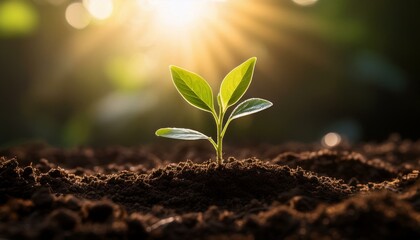 A delicate green seedling emerging from rich, dark soil, with soft sunlight highlighting its fresh leaves. A powerful symbol of new beginnings, sustainability, and environmental conservation.