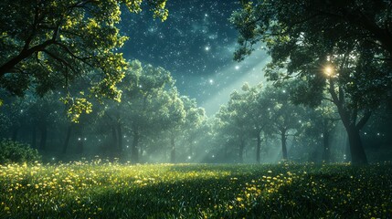 Magical forest path, starlight, dawn, flowers, fantasy