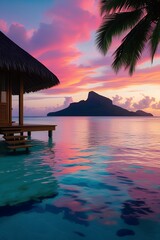 Serene Tropical Sunset Landscape Featuring a Thatched-Roof Overwater Bungalow, Silhouetted Island, and Calm Ocean Reflections in Vibrant Sky Hues.