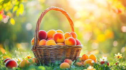 A Basket Brimming with Ripe Peaches and Apricots Under Sunny Skies