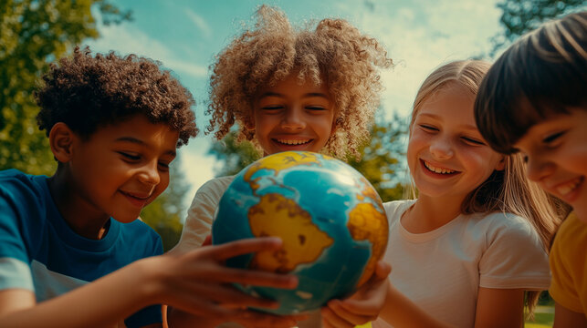 Group of diverse children joyfully holding a globe together in a green park during daytime_2 - Powered by Adobe