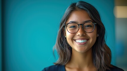 Obraz premium Cheerful portrait of a young woman against a vibrant blue backdrop