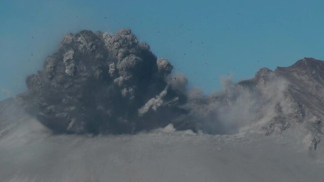 Explosive vulcanian eruption of Showa crater on Sakurajima volcano in Kyushu, Japan.