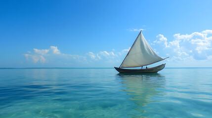 Fototapeta premium Sailboat on Serene Blue Sea under Clear Blue Skies