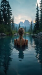 Fototapeta premium Woman enjoying a serene moment in a tranquil mountain lake