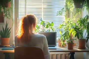 Woman works on laptop, sunlit home office, plants