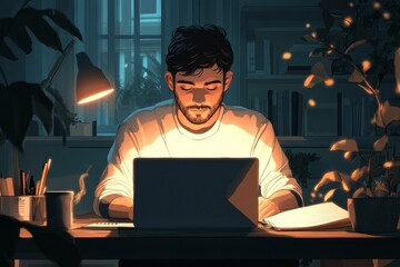 Man works late at night on laptop, home office, plants