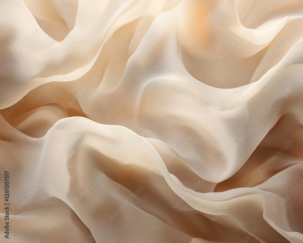 Poster abstract beige and white flowing fabric texture, creating soft, smooth waves and delicate folds, sym