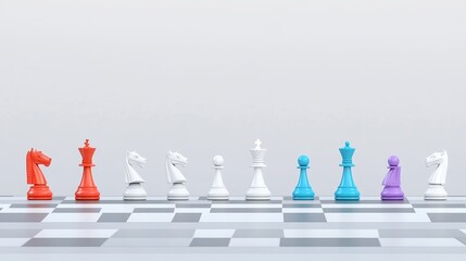 Strategic Chess Game Setup - A conceptual depicting strategy, competition, planning, and leadership through chess pieces on a board. The color-coded pieces symbolize different teams or approaches
