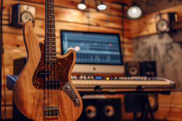 Bass guitar in a modern studio. Musical instrument