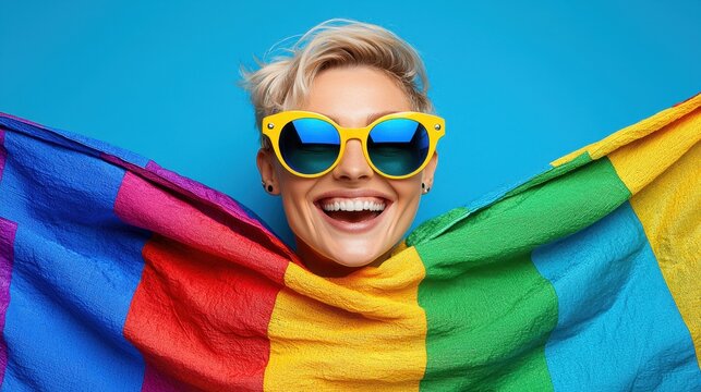 Bright smile with colorful towel against blue background. LGBTQ concept
