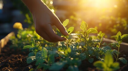 Fototapeta premium Gardener's hand tending young mint plants at sunset