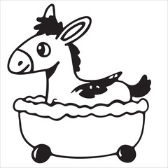 Black and white vector flat illustration: lineart of donkey character having a bath, children coloring page sources