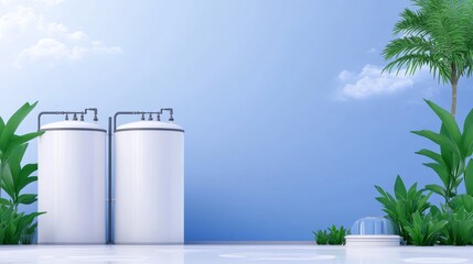 Sustainable Water Tanks and Tropical Paradise - A rainwater harvesting system symbolizes sustainability, clean water, environmental responsibility, resource management, and tropical paradise