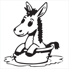 Black and white vector flat illustration: lineart of donkey character having a bath, children coloring page sources