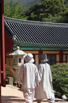 Back view of middle aged people walking during day time in traditional clothing
