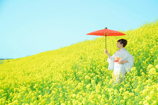woman holding an umbrella  in a flower field
