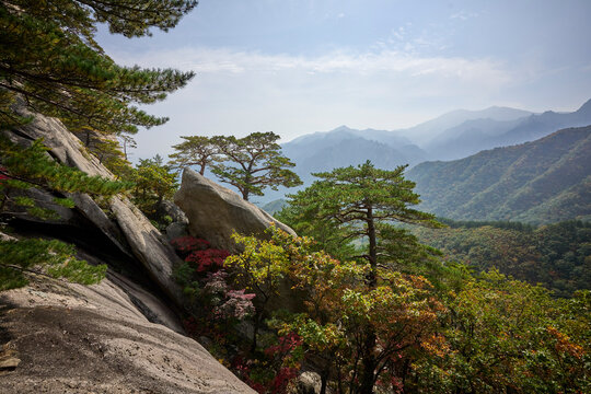 A view of the valley below from near the top of the Ulsanbawi Rock trail in Seoraksan National Park outside Sokcho in South Korea on October 16, 2024.