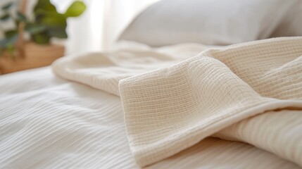 Soft Cream Colored Woven Throw Blanket on Bed