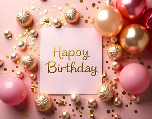 happy birthday card with balloons, happy birthday card with gifts on pink background, girl birthday template  abstract, gold confetti, rose, flowers decoration