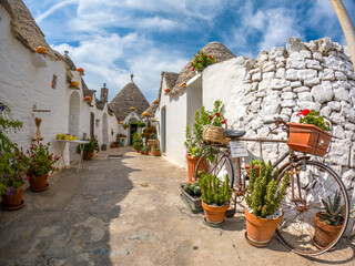 View of Alberobello town, Puglia region, Italy. 