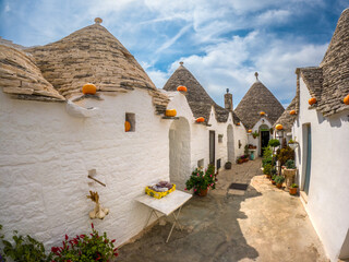 View of Alberobello town, Puglia region, Italy. 