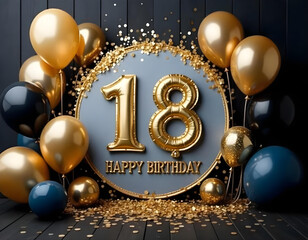 Gold 18th happy birthday background, 18th birthday card illustration with balloons on dark background abstract