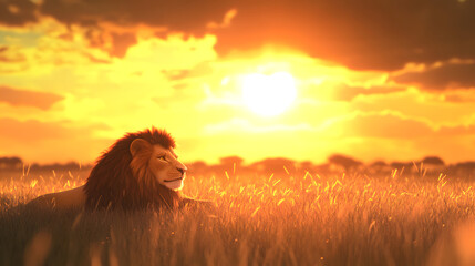 Naklejka premium A majestic lion, basking in the golden glow of sunset on an African savanna 