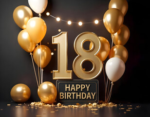 Gold 18th happy birthday background, 18th birthday card illustration with balloons on dark background abstract