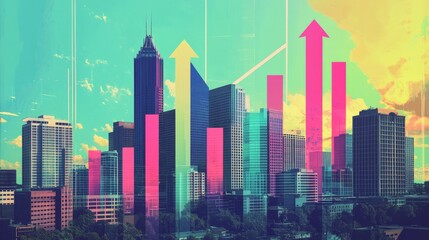 Obraz premium Skyline growth city urban landscape business analysis financial environment aerial view rising bar graph concept